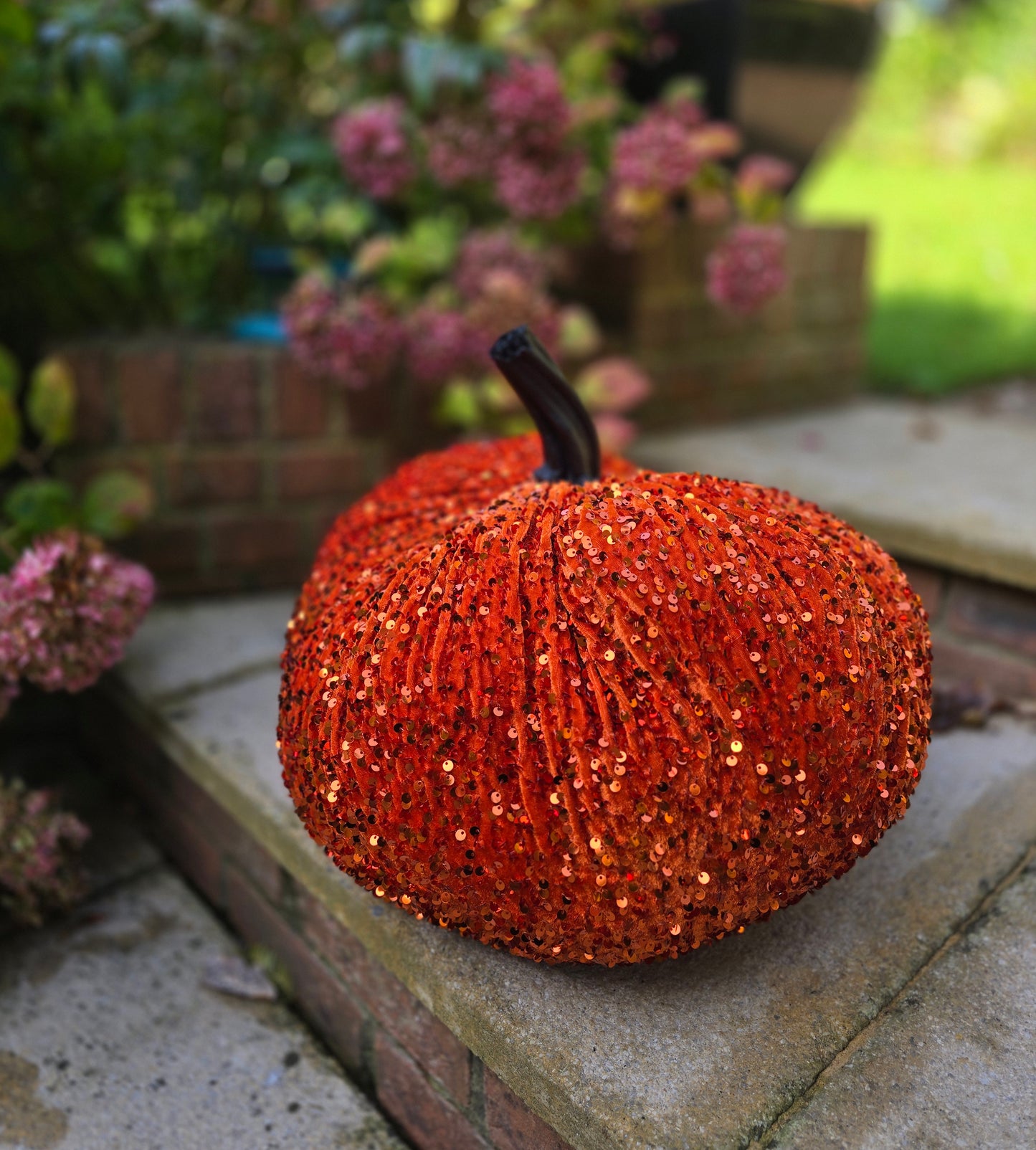 Extra Large Sparkly Velvet Sequin Pumpkin with Real Stem