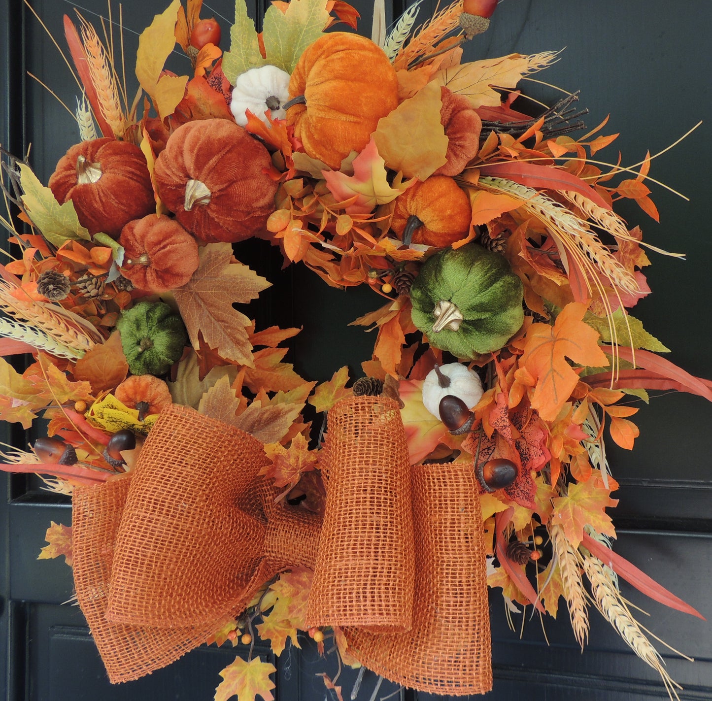 Autumn Velvet Pumpkin Wreath 50cm – Large Fall Harvest Front Door Wreath with Pumpkins, Wheat, Acorns, Pinecones & Rustic Bow