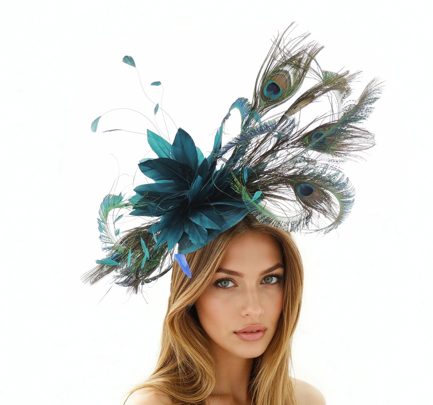 Jahlia Large Teal Peacock Kentucky Derby Fascinator Hat - Hats By Cressida