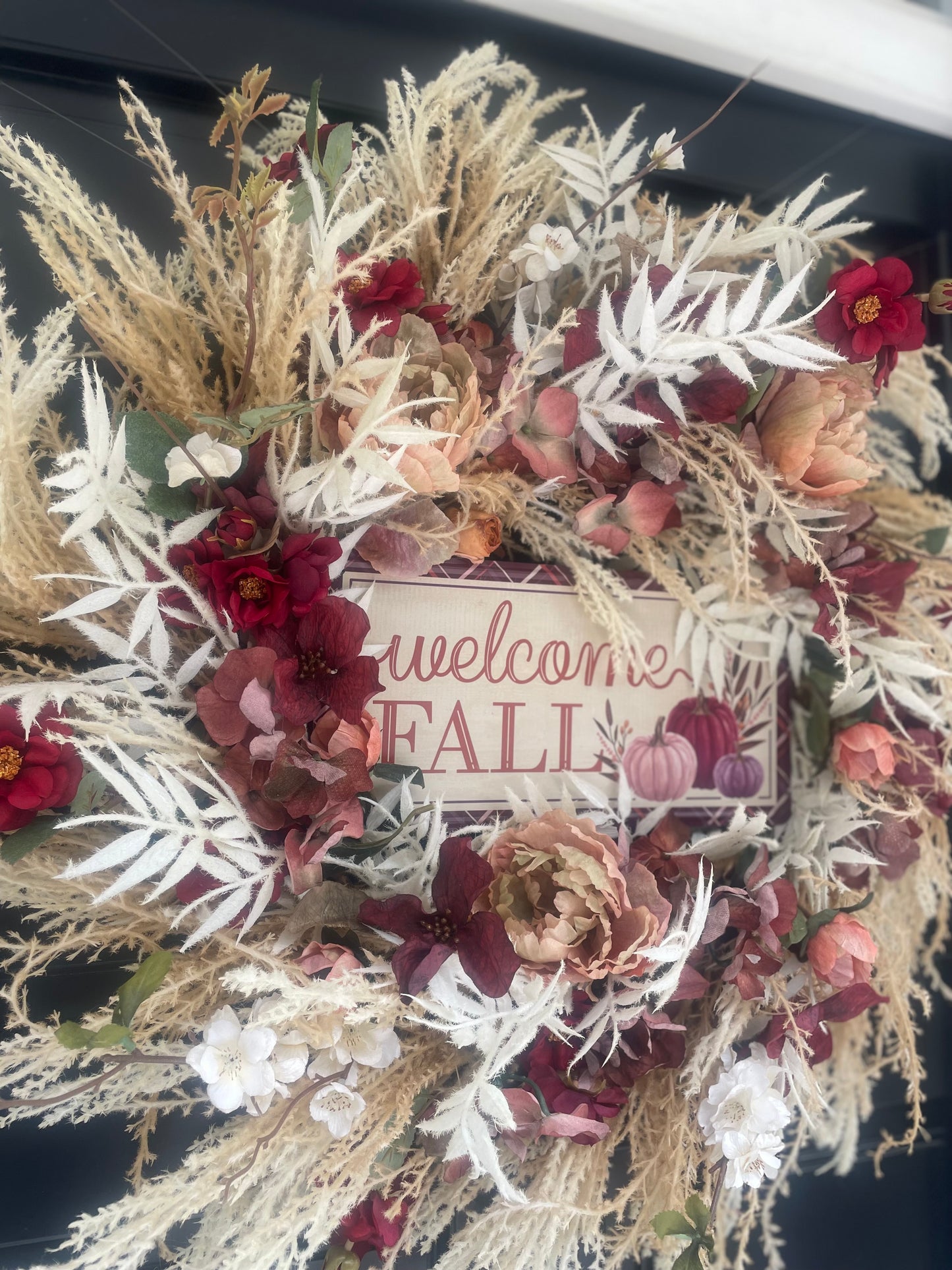 Large Welcome Fall Autumn Wreath 60cm – Burgundy, Cream & Neutral Floral Front Door Wreath with Pumpkin Harvest Sign & Rustic Foliage