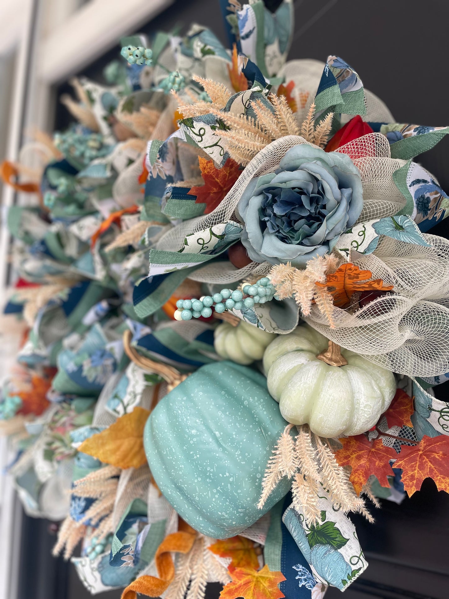 Large Sage Green Pumpkin Autumn Wreath 60cm – Blue Floral Fall Front Door Wreath with Cream Pumpkins, Berries & Harvest Foliage And anywhere I wrote “hydrangea” in either description should simply be “flowers” or “floral details.”