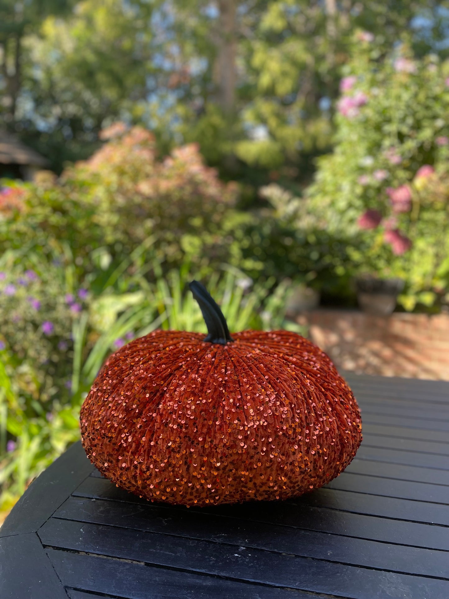 Jumbo XXL Sparkly Velvet Sequin Pumpkin with Real Stem