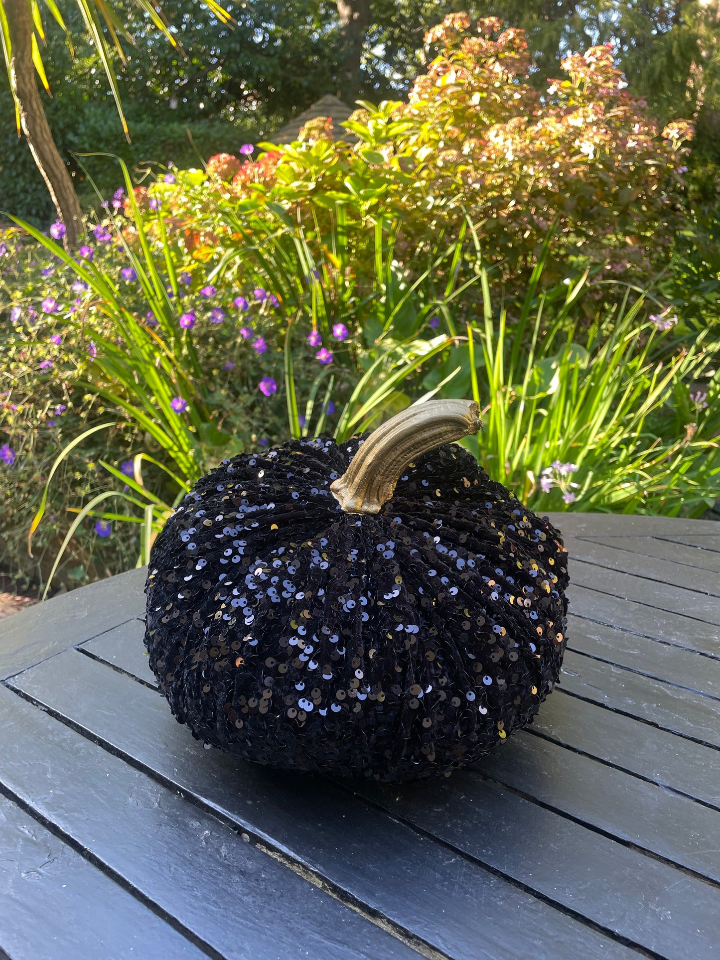Jumbo XXL Sparkly Velvet Sequin Pumpkin with Real Stem