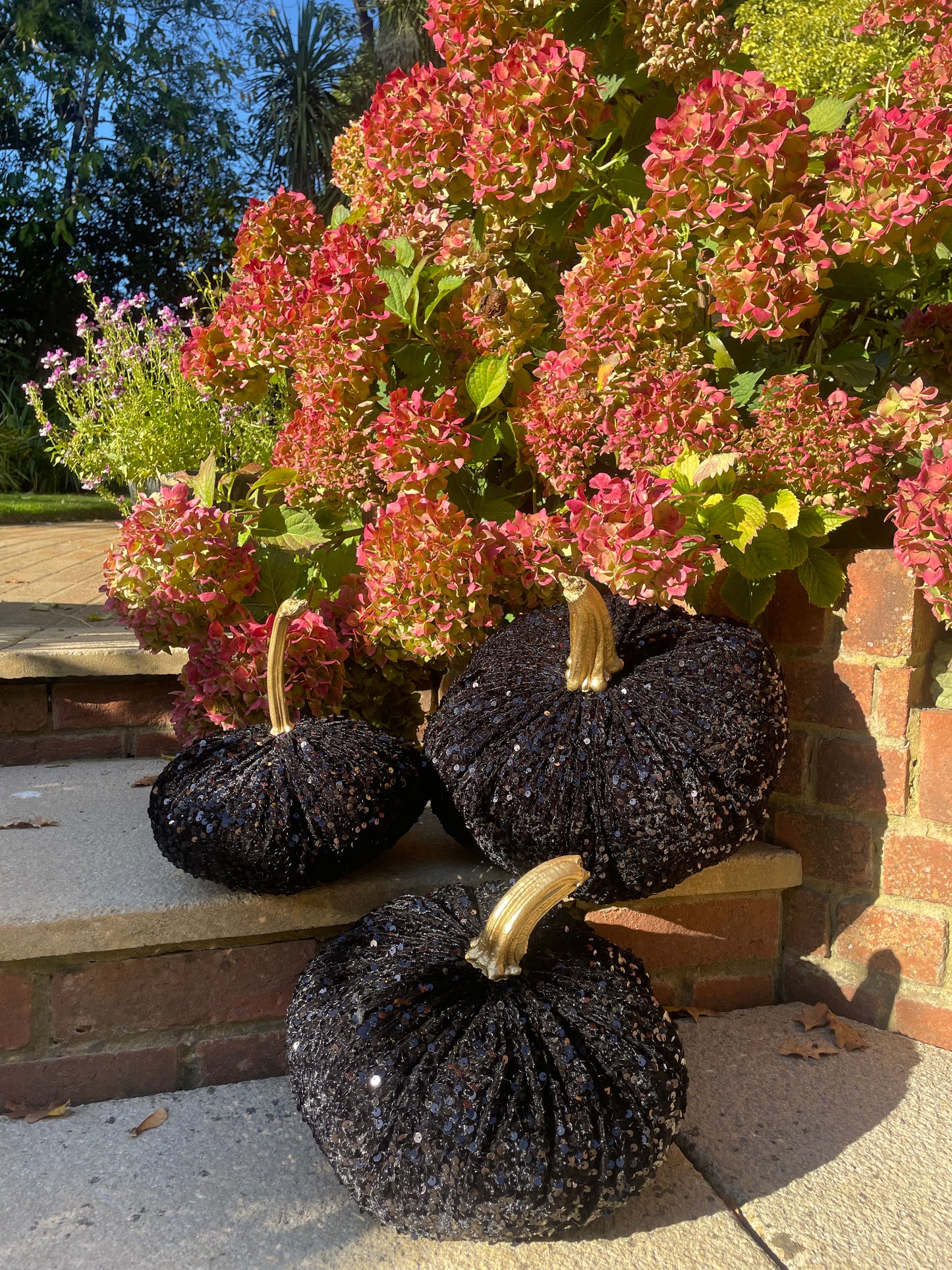 Jumbo XXL Sparkly Velvet Sequin Pumpkin with Real Stem