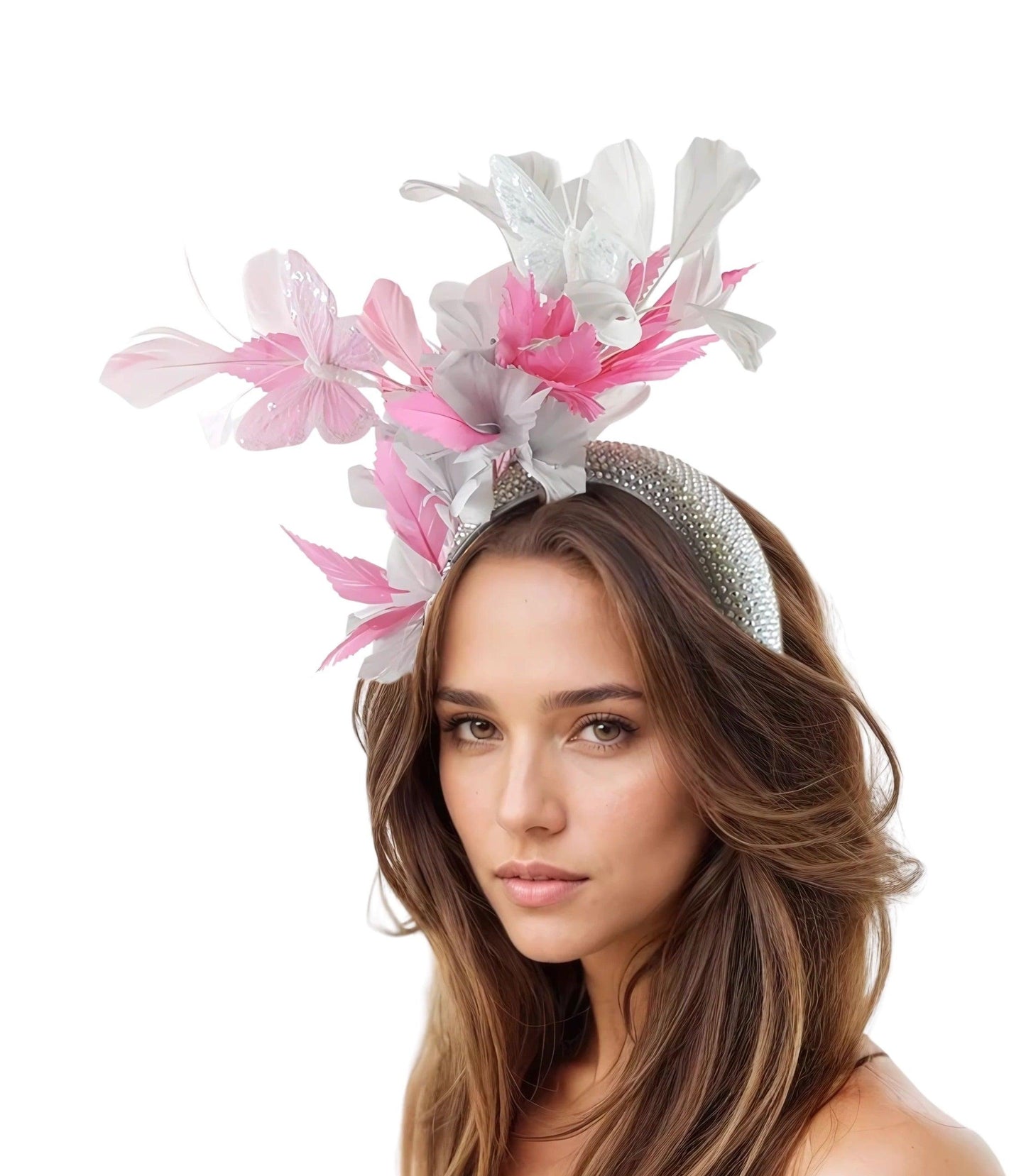 Sandy Butterfly Feather Crystal Padded Headband Tea Party Lunch Fascinator - Hats By Cressida