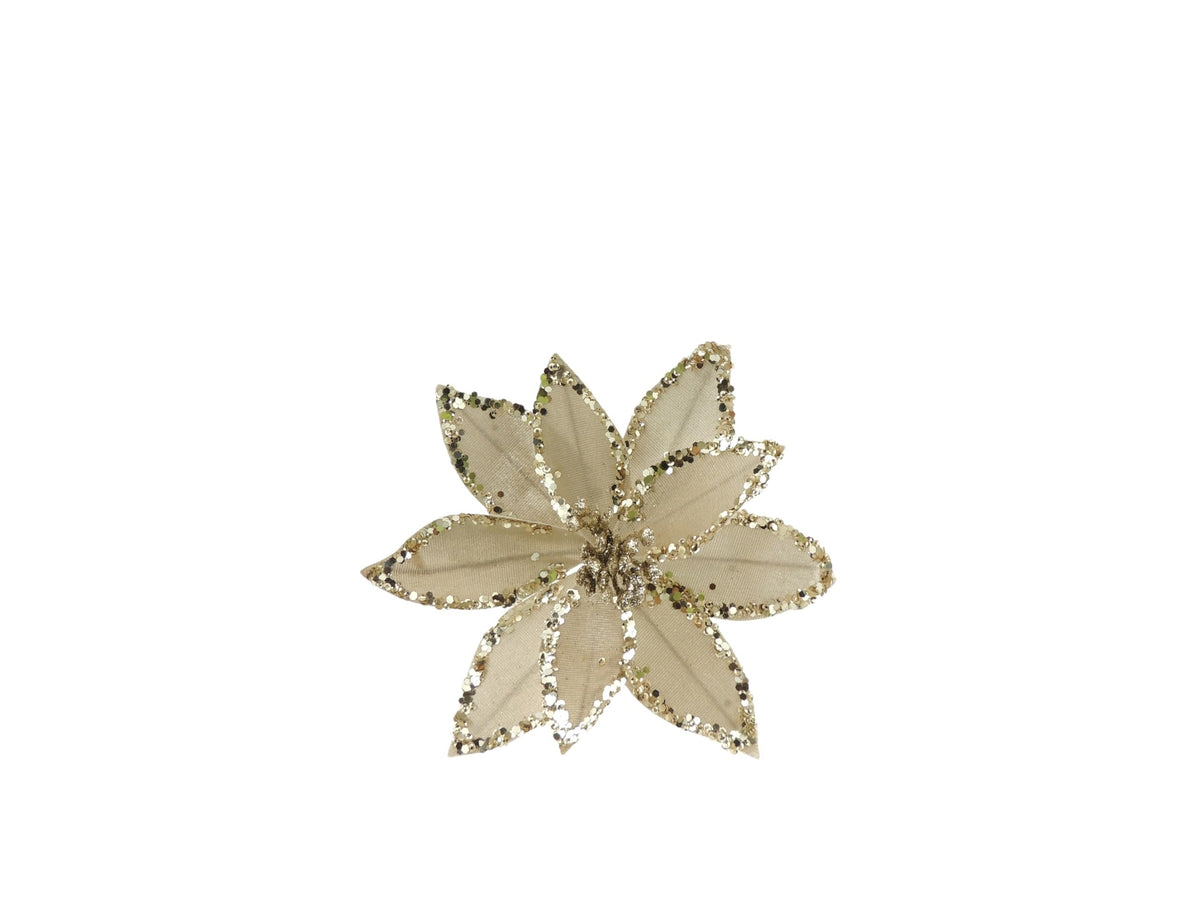 Set of 3 Nude Velvet Sequin Gold Poinsettia Flower Clip Christmas Tree Floral Pick Ornament Xmas Decor Garland Wreath Decoration - Hats By Cressida