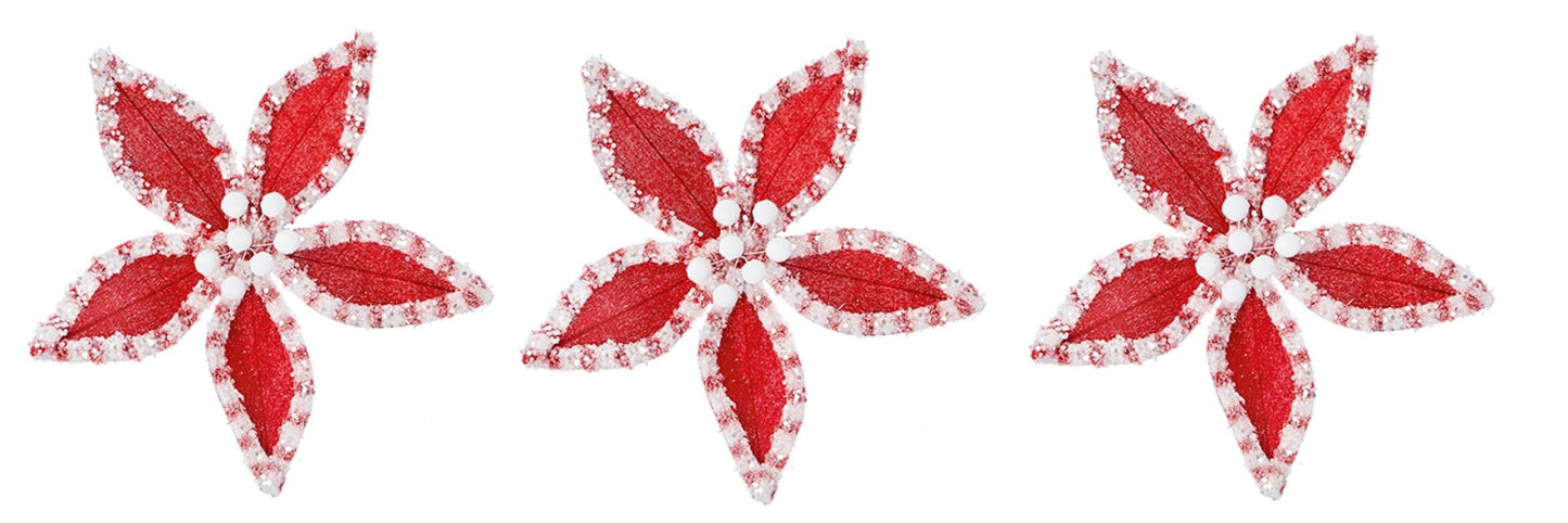 Set of 3 Velvet Sequin Edge Red White Poinsettia Flower Clip Christmas Tree Floral Pick Ornament Xmas Decor Garland Wreath Decoration - Hats By Cressida