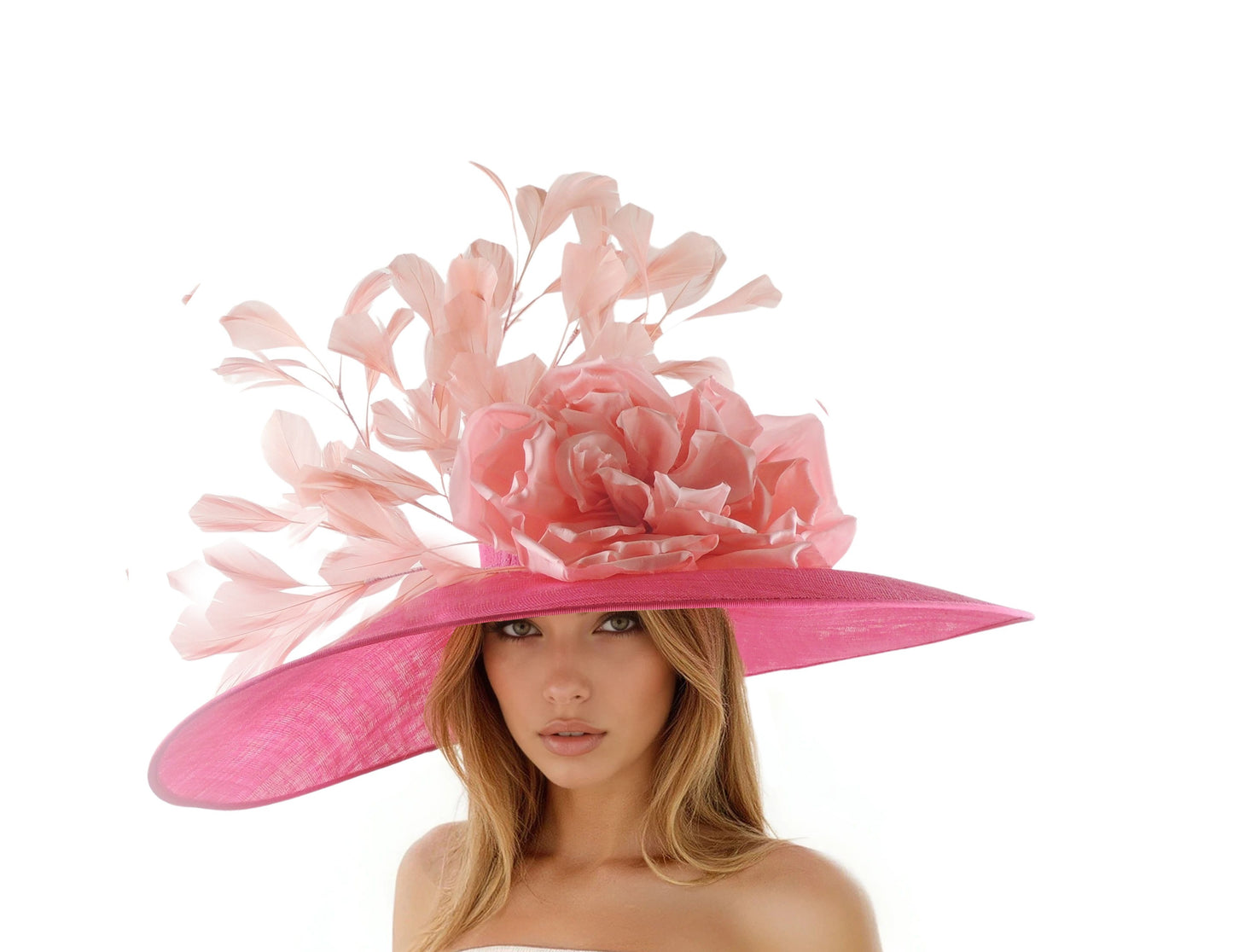 Victoria - Wide Brim Occasion Silk Rose & Feather Wedding Race Day Formal Hat worn by woman with large pink floral and feather detail