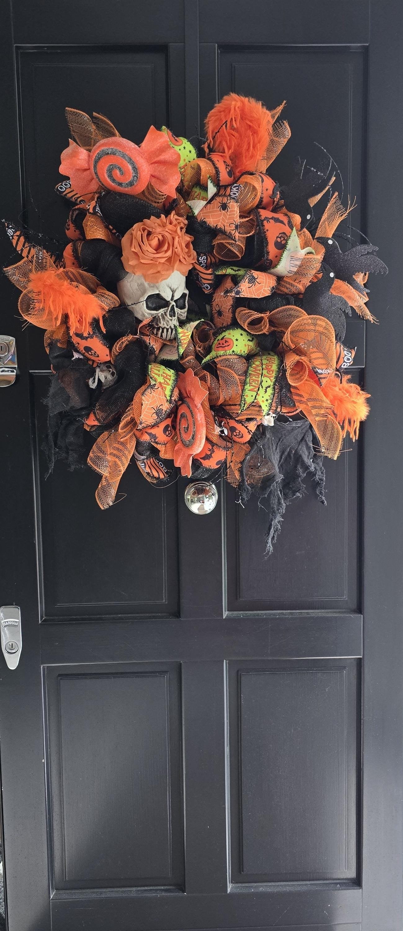 XL Oversized Halloween Front Door Wreath Hanger Skeleton SKELLY Skull Wall Porch Hanger Handmade House Home Decor Decorations Welcome Gothic - Hats By Cressida
