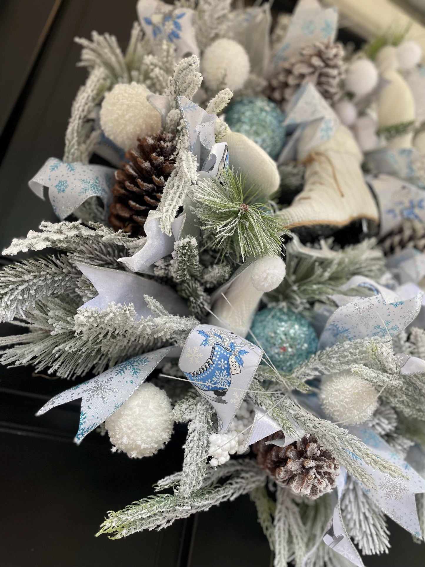 XL White Flocked Christmas Wreath Ice Skating Front Door Elegant Home Decor Decoration Glam Winter Swag Designer Unique Gift Luxury Holiday - Hats By Cressida
