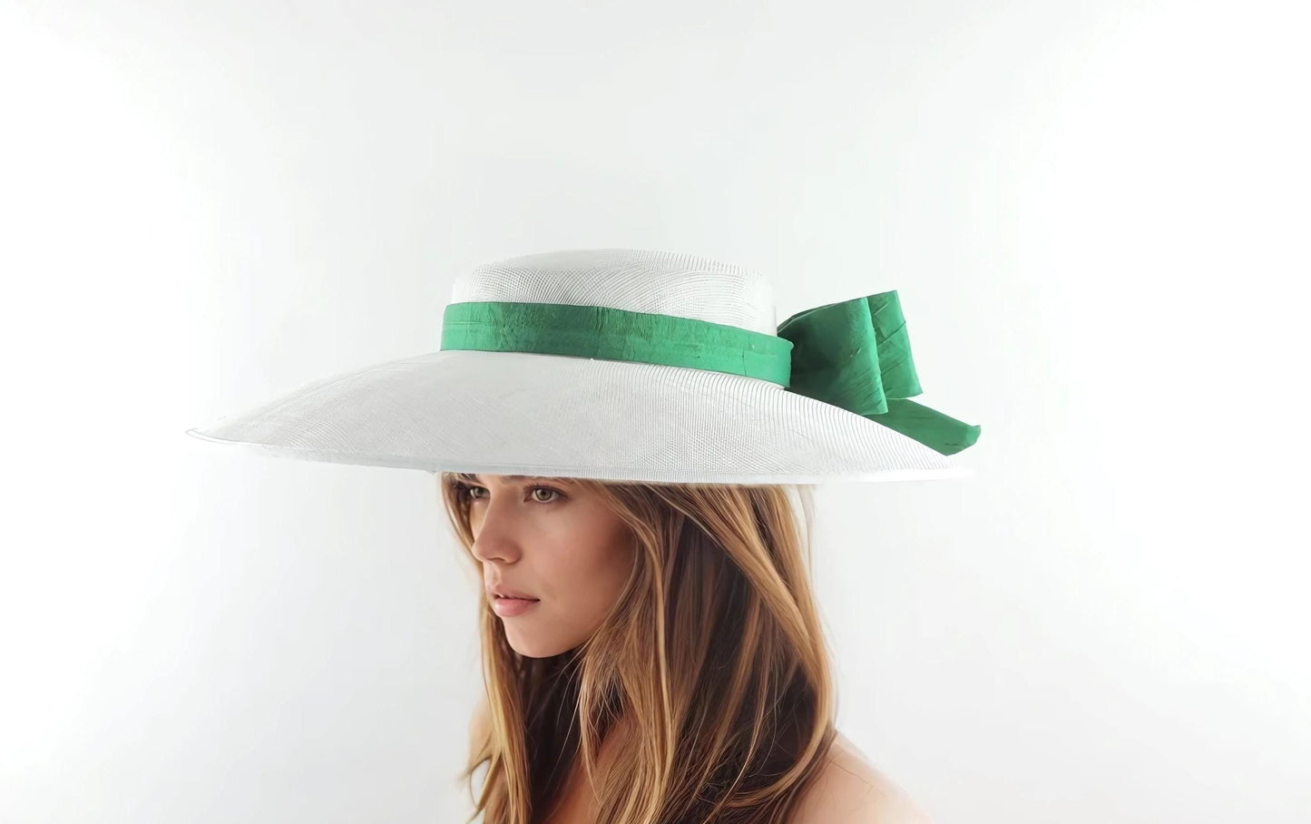 White Emerald Green Statement Bow Fascinator Hatinator Cartwheel Boater Hat Kentucky Derby Oaks Ascot Weddings Church Races Tea Elegant