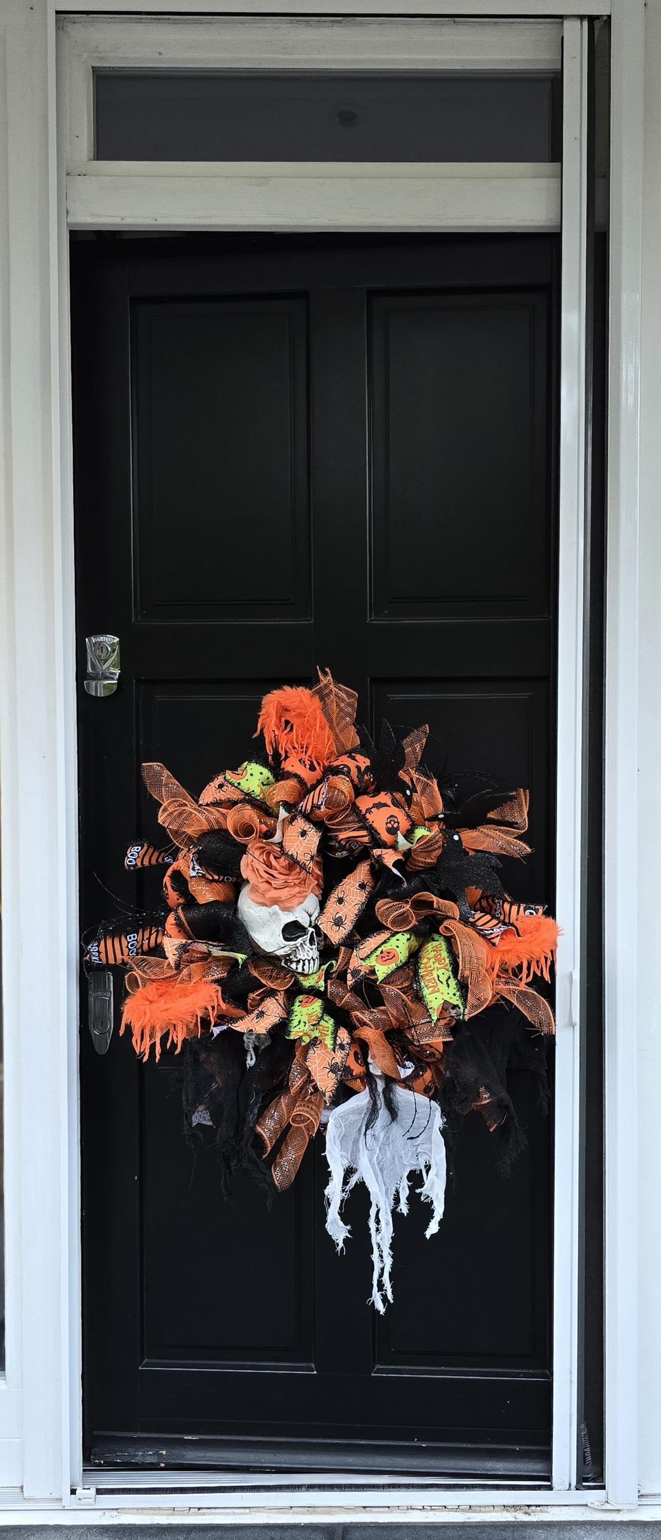 Large Halloween Front Door Wreath Spooky Hanger Black Orange Ghost Skeleton Wall Porch Hanger Handmade House Home Decor Decorations Welcome