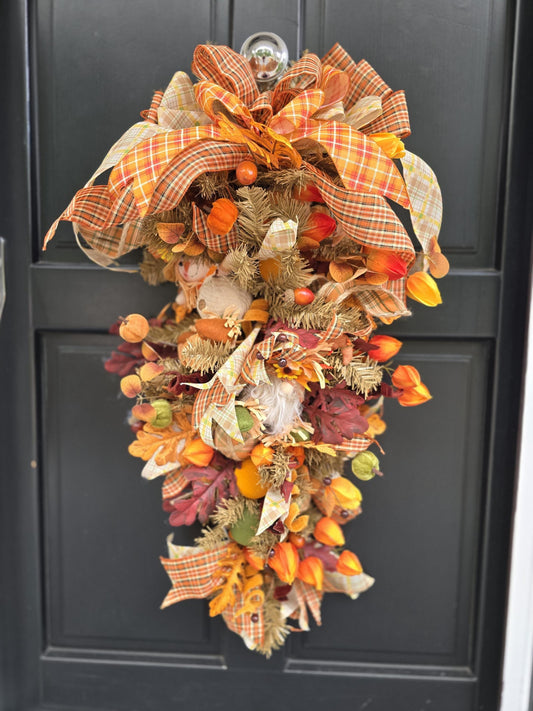 XL Autumn Fall Orange Harvest Front Door Wreath Luxury Teardrop Rustic Wall Porch Hanger House Home Decor Decorations Thanksgiving Glam Boho