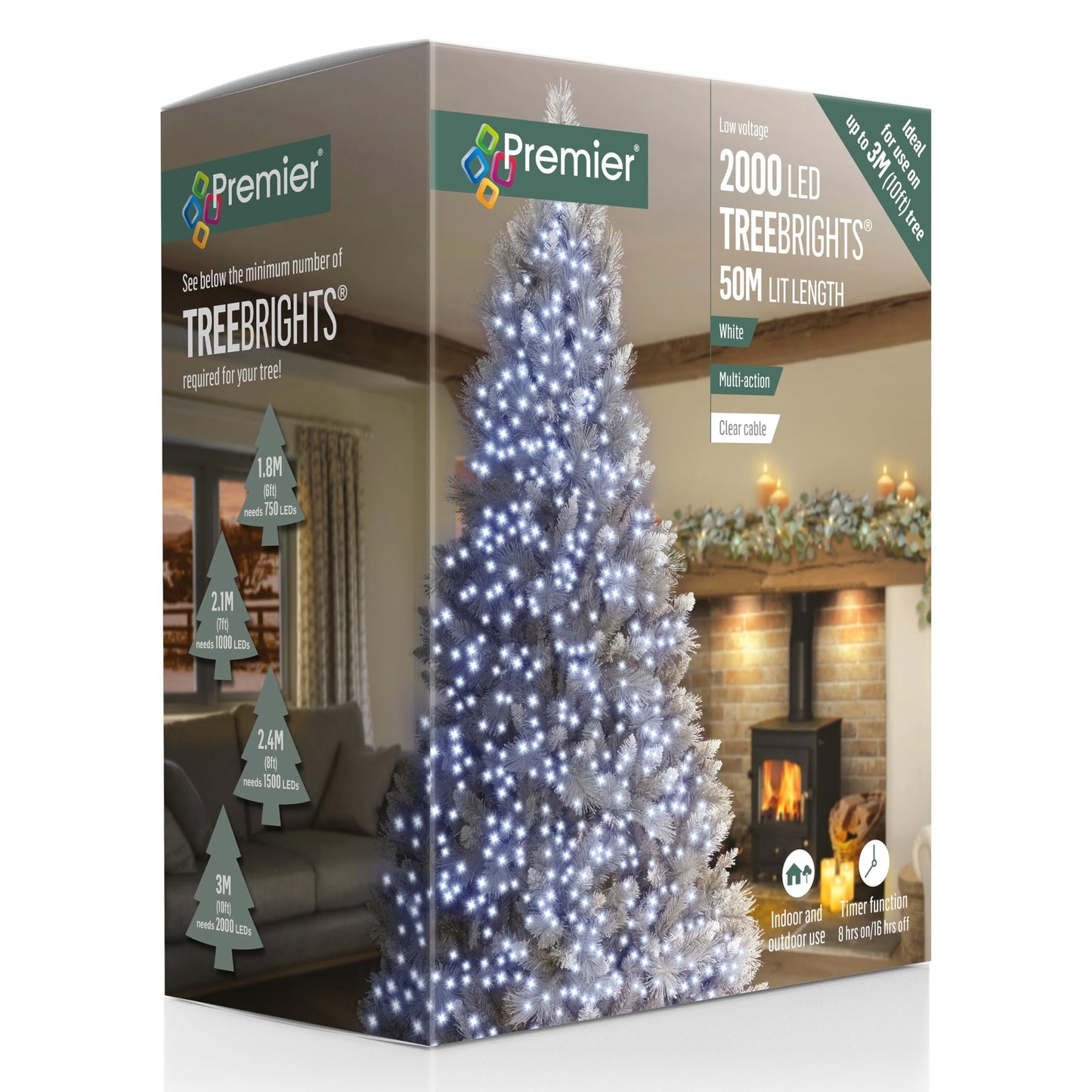 Premier 2000 Multi Action LED TreeBrights with Timer – White Christmas Lights – 50m Lit Length for Up to 10ft Trees Indoor and Outdoor