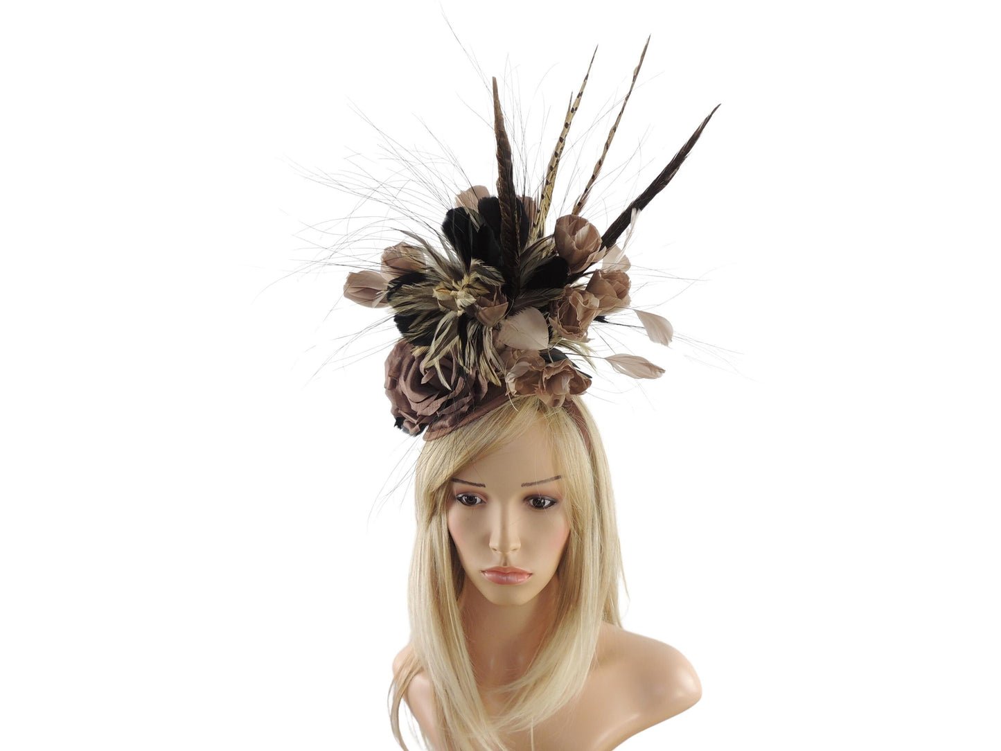 Brown Tan Feather Fascinator Crystal Headband Hat Headpiece Derby Ascot Wedding Race Days Ladies Tea Party Luncheon Autumn Fall Breeders Cup