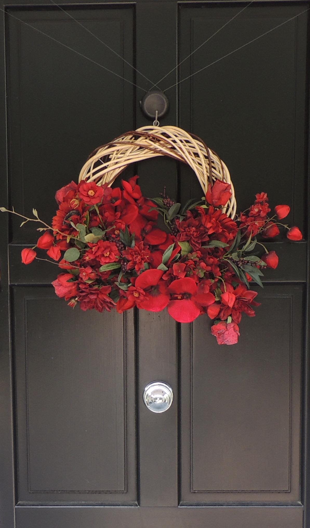 Red Floral Wreath 45cm | Rose & Hydrangea Year Round Front Door Wreath
