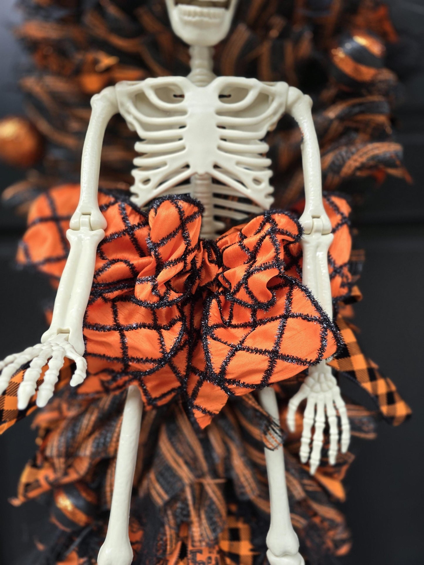 XXL Skeleton Orange Halloween Front Door Wreath Gothic Hanger Wall Porch Hanger Handmade House Home Decor Decorations Whimsical Skelly Glam