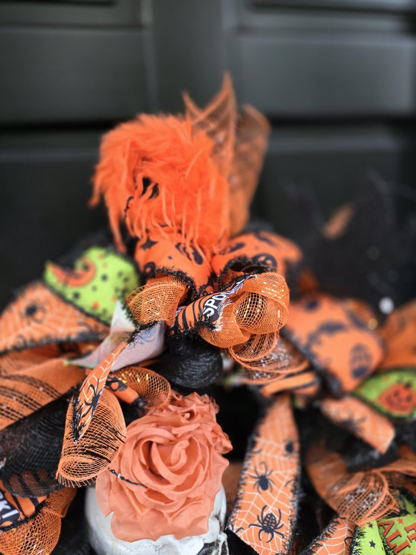 Large Halloween Front Door Wreath Spooky Hanger Black Orange Ghost Skeleton Wall Porch Hanger Handmade House Home Decor Decorations Welcome