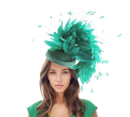 Emerald Kelly Green Kentucky Derby Ascot Fascinator Hat Large Classy Elegant Percher Pillbox Garden Tea Party Wedding Statement Luncheon