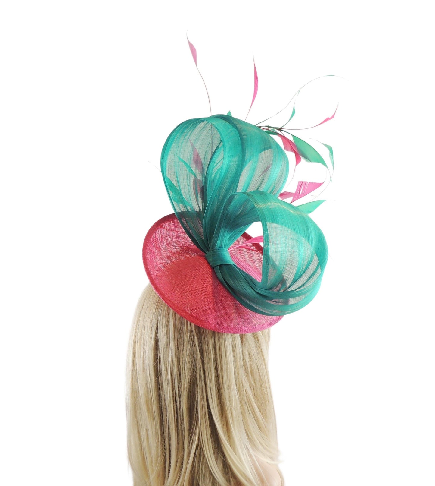 Fuchsia Hot Pink Emerald Jade Green Large Kentucky Derby Hat Statement Fascinator KY Woman Feather Tea Party Wedding Headband Cocktail Hat