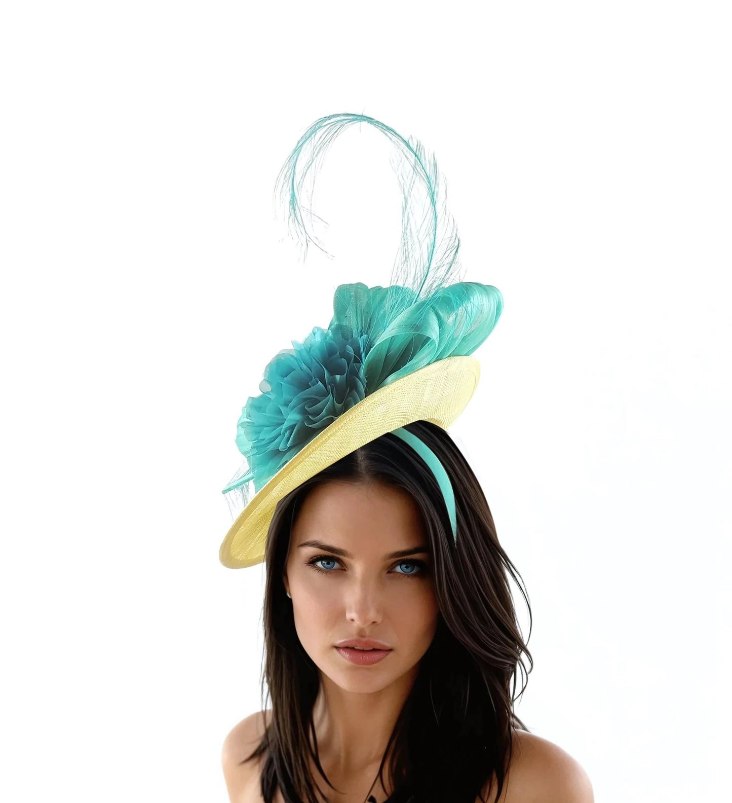 Yellow & Jade Green Saucer Disc Kentucky Derby Fascinator Hat Ascot Wedding Hatinator Cocktail Colorful Womens Races Tea Party Lemon Kelly