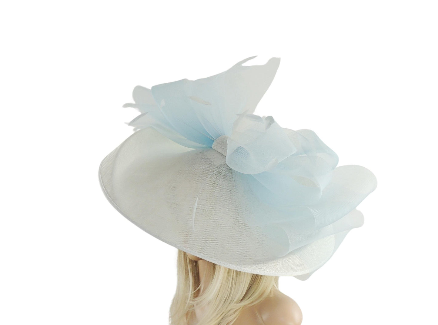 Baby Blue White Fascinator Hat Headpiece Kentucky Derby Ascot Wedding Race Days Ladies Special Occasion Tea Party Luncheon Mother Bride