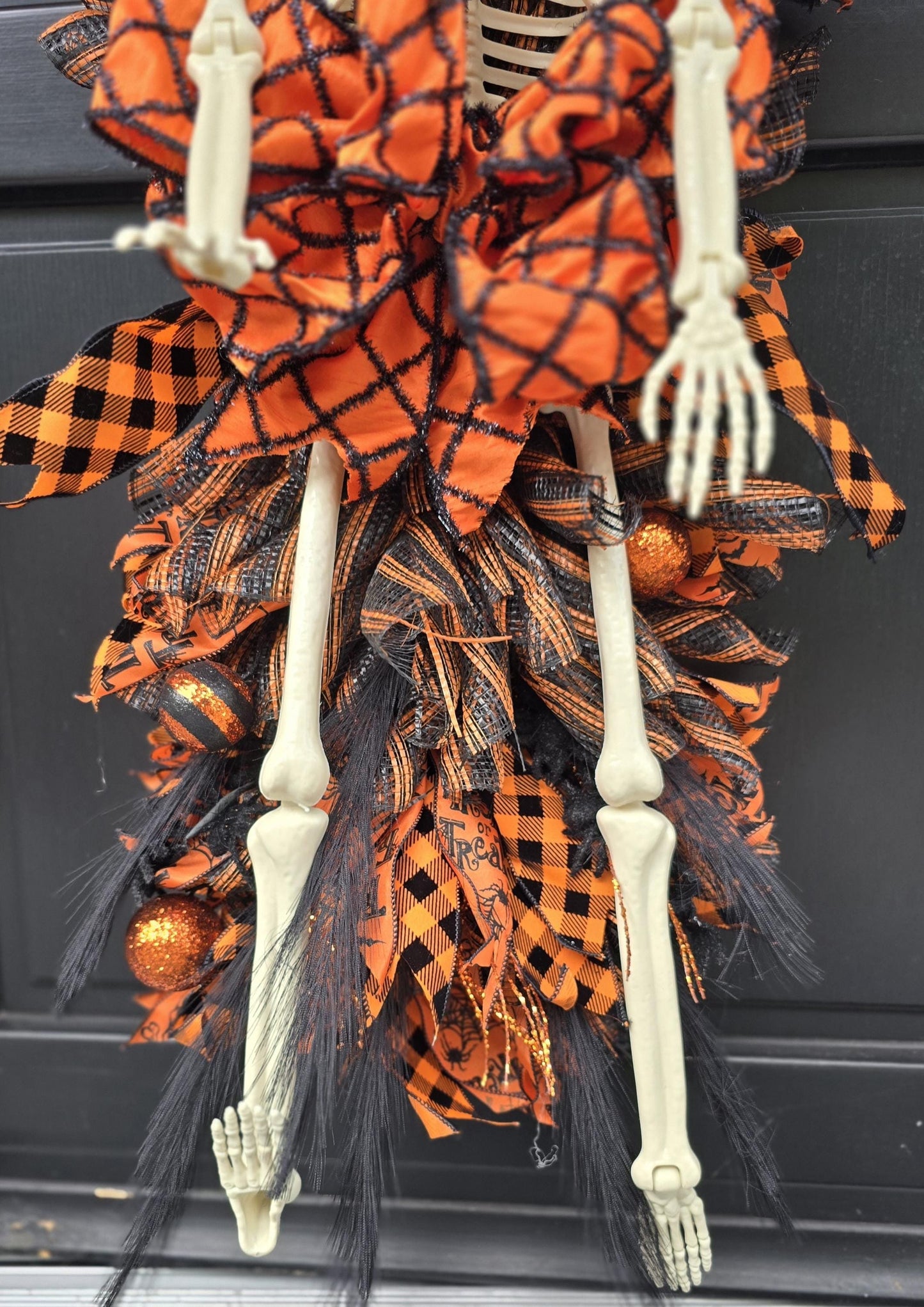 XXL Skeleton Orange Halloween Front Door Wreath Gothic Hanger Wall Porch Hanger Handmade House Home Decor Decorations Whimsical Skelly Glam