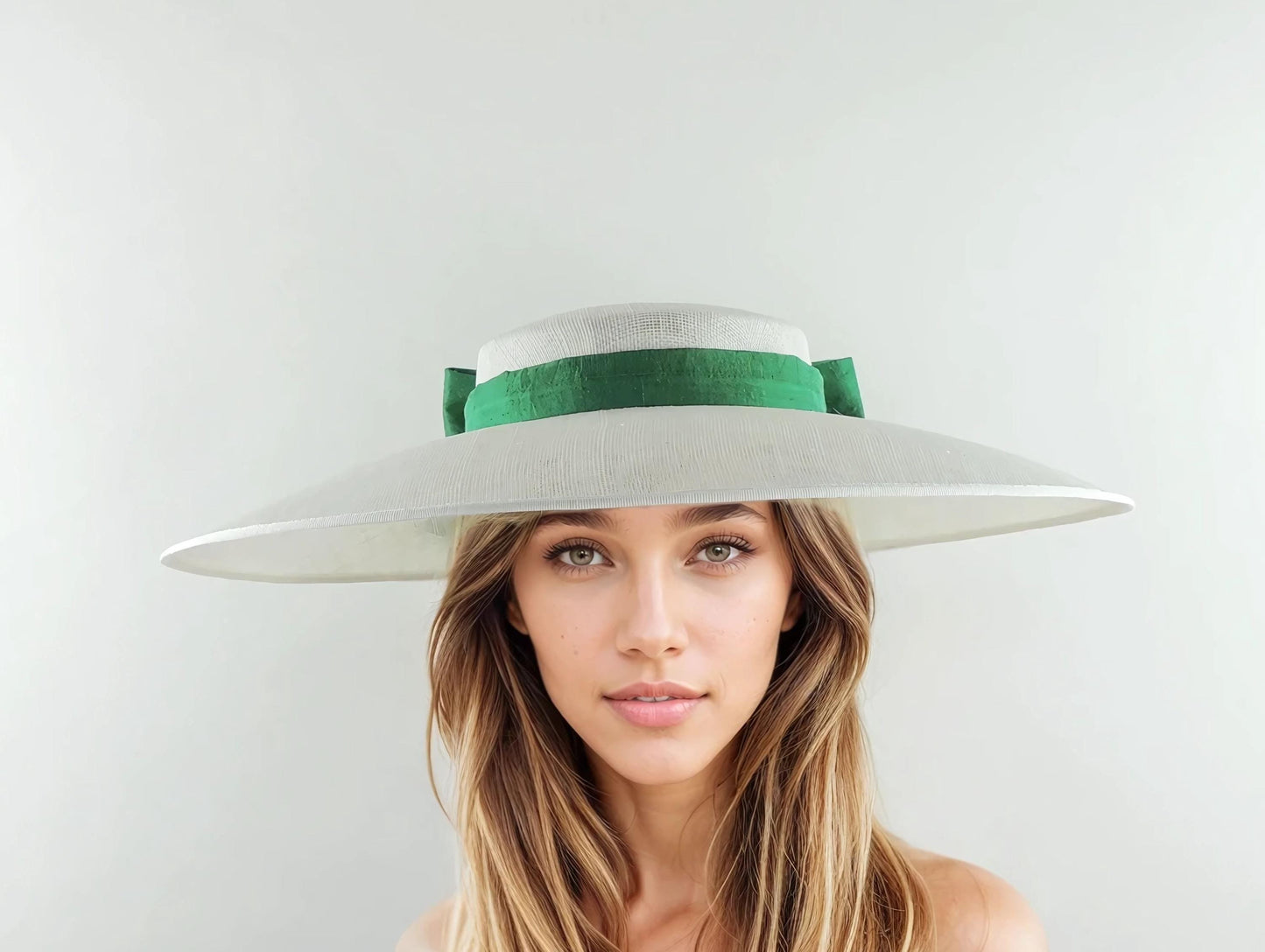 White Emerald Green Statement Bow Fascinator Hatinator Cartwheel Boater Hat Kentucky Derby Oaks Ascot Weddings Church Races Tea Elegant