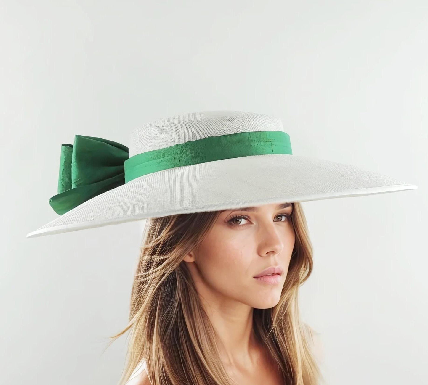 White Emerald Green Statement Bow Fascinator Hatinator Cartwheel Boater Hat Kentucky Derby Oaks Ascot Weddings Church Races Tea Elegant