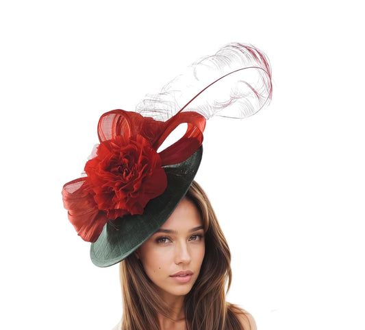 Dark Green Red Kentucky Derby Fascinator Hats Ascot Church Race Tea Garden Party Wedding Occasion Custom Woman Statement Forest Bottle Green