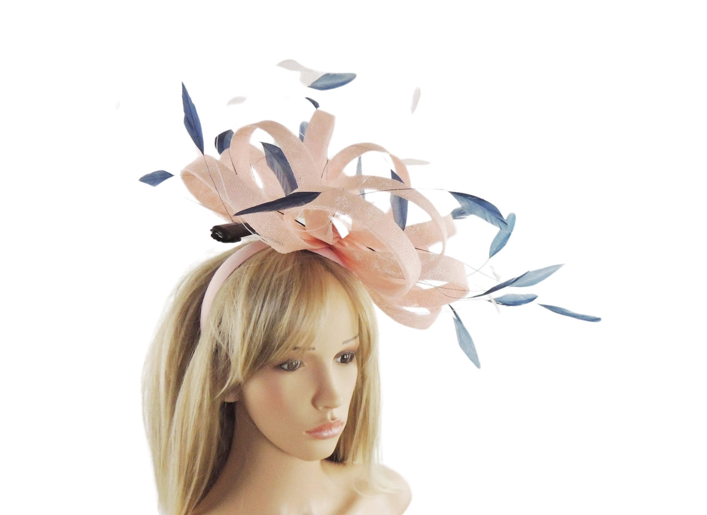 Large Navy Candy Blush Pale Pink Feather Statement Fascinator Hatinator Kentucky KY Ascot Derby Oaks Woman Weddings Lunch Tea Party Hat SALE