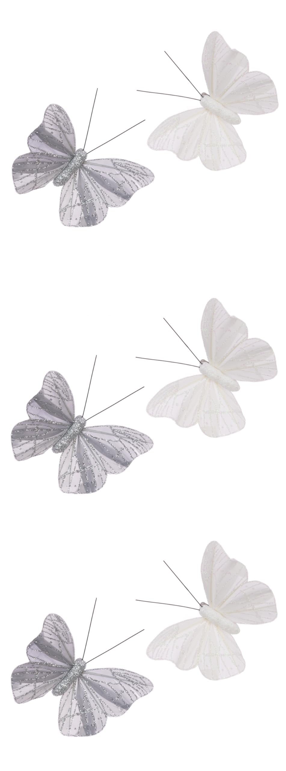 Set of 6 Glitter Feather White Silver Butterfly Clip Shop Theme Ornamnet Christmas Tree Bauble Ornament Xmas Spring Decor Home Decoration