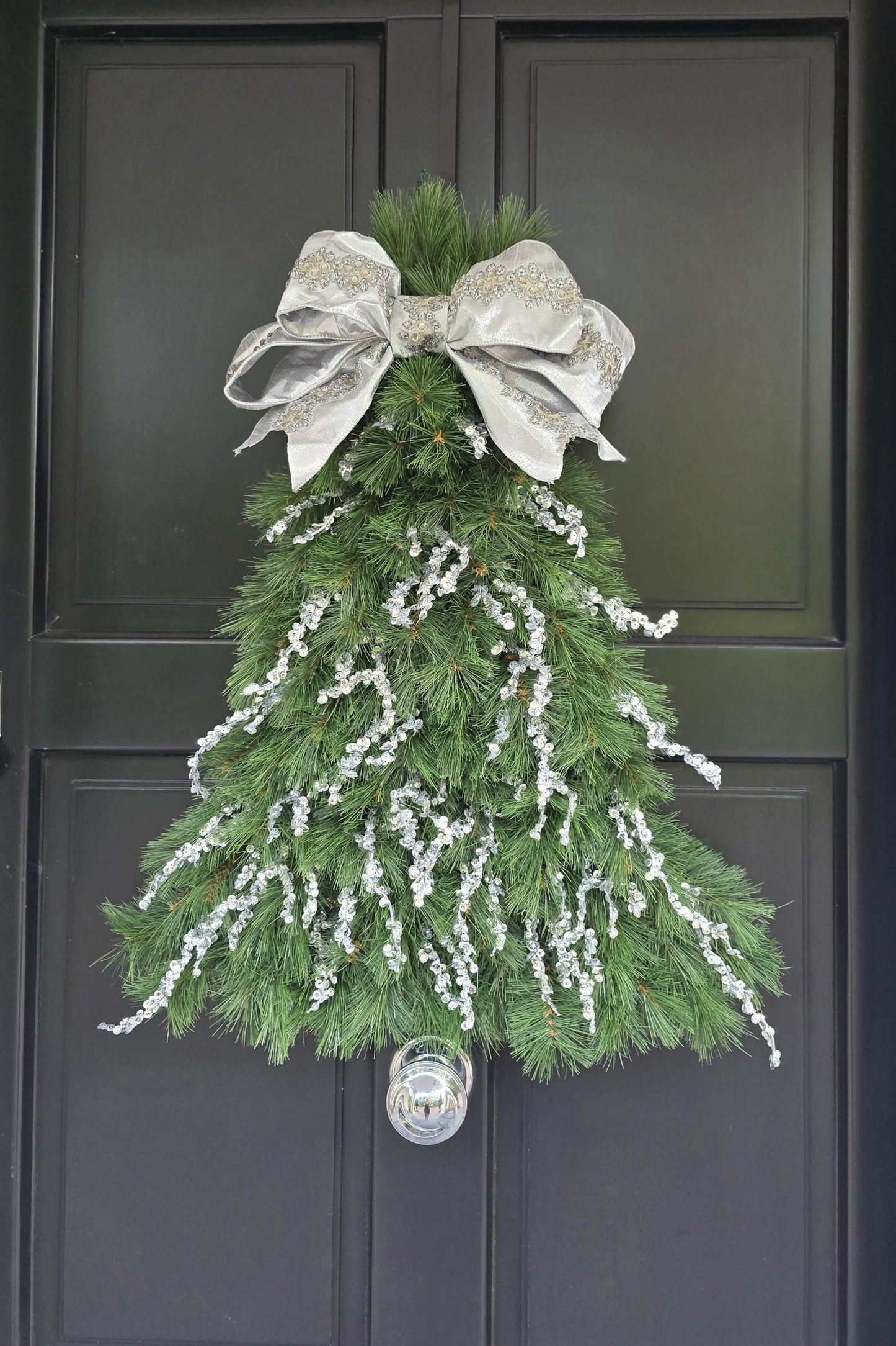 Large Luxury Christmas Tree Shaped Wreath Front Door Home Decorations Silver Green Xmas Winter Mantle Decor Porch Holiday Swag Designer Glam
