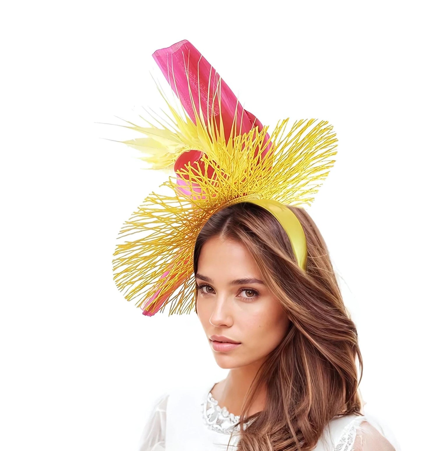 Lemon Yellow Fuchsia Hot Pink Saucer Fascinator Hat Kentucky Derby Ascot Wedding Guest Formal Occasion Tea Party Garden Mother Bride Groom