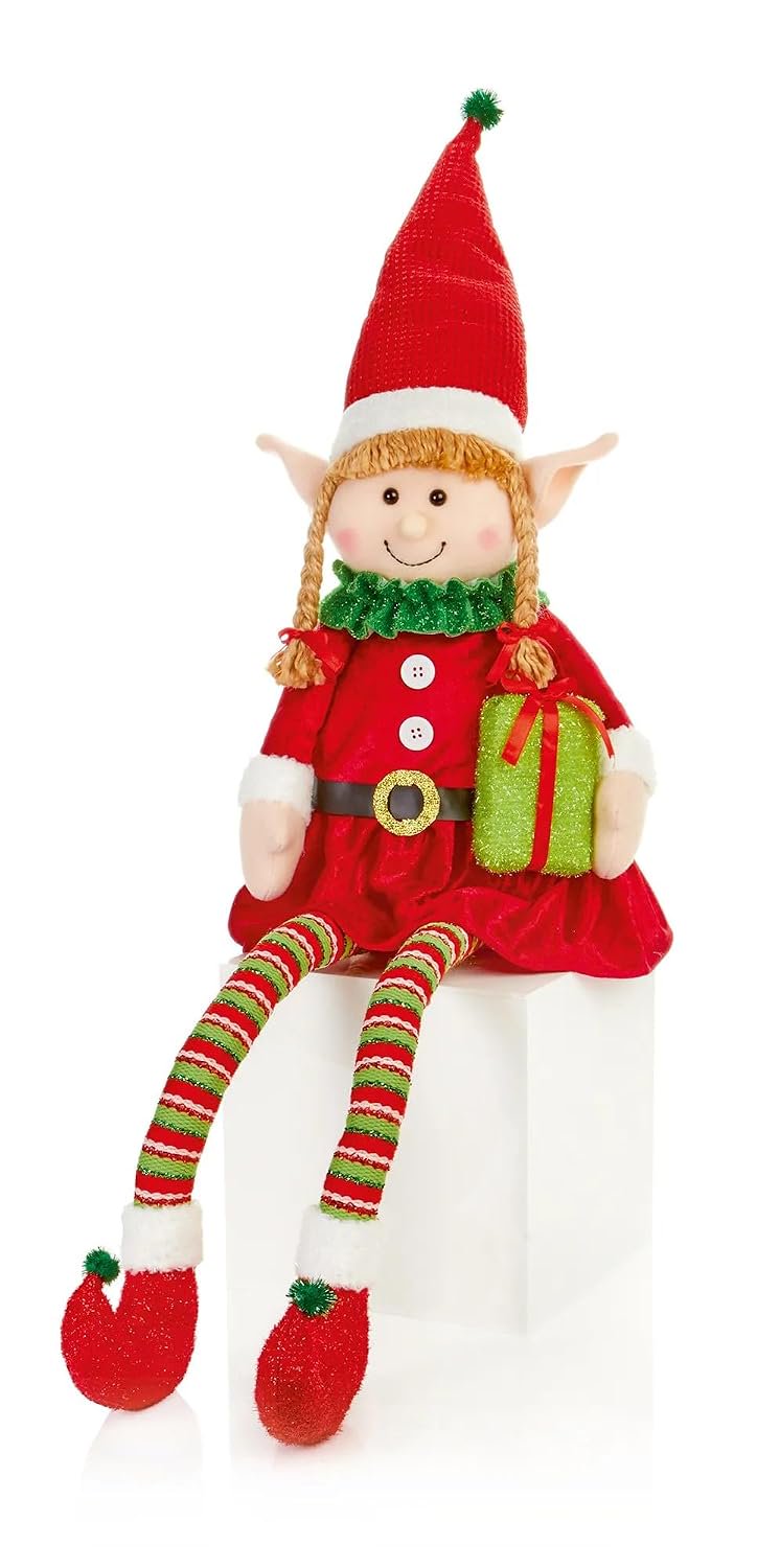 Large Festive Red & Green Glitter Tinsel Elf Jumper Christmas Sitting Decoration Ornament Bauble Traditional Holiday Decor Gift Xmas Decor