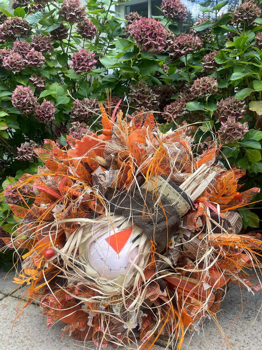 XL Autumn Fall Scarecrow Orange Harvest Front Door Wreath Luxury Rustic Wall Porch Hanger House Home Decor Decoration Thanksgiving Farmhouse