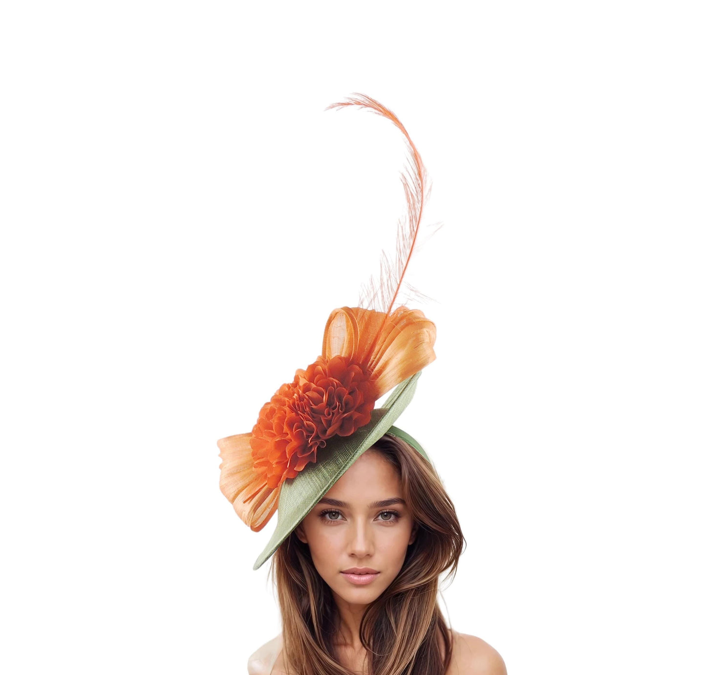 Olive Green Orange Saucer Disc Kentucky Derby Fascinator Hat Ascot Wedding Hatinator Cocktail Formal Womens Races Tea Party Hats Custom Fun