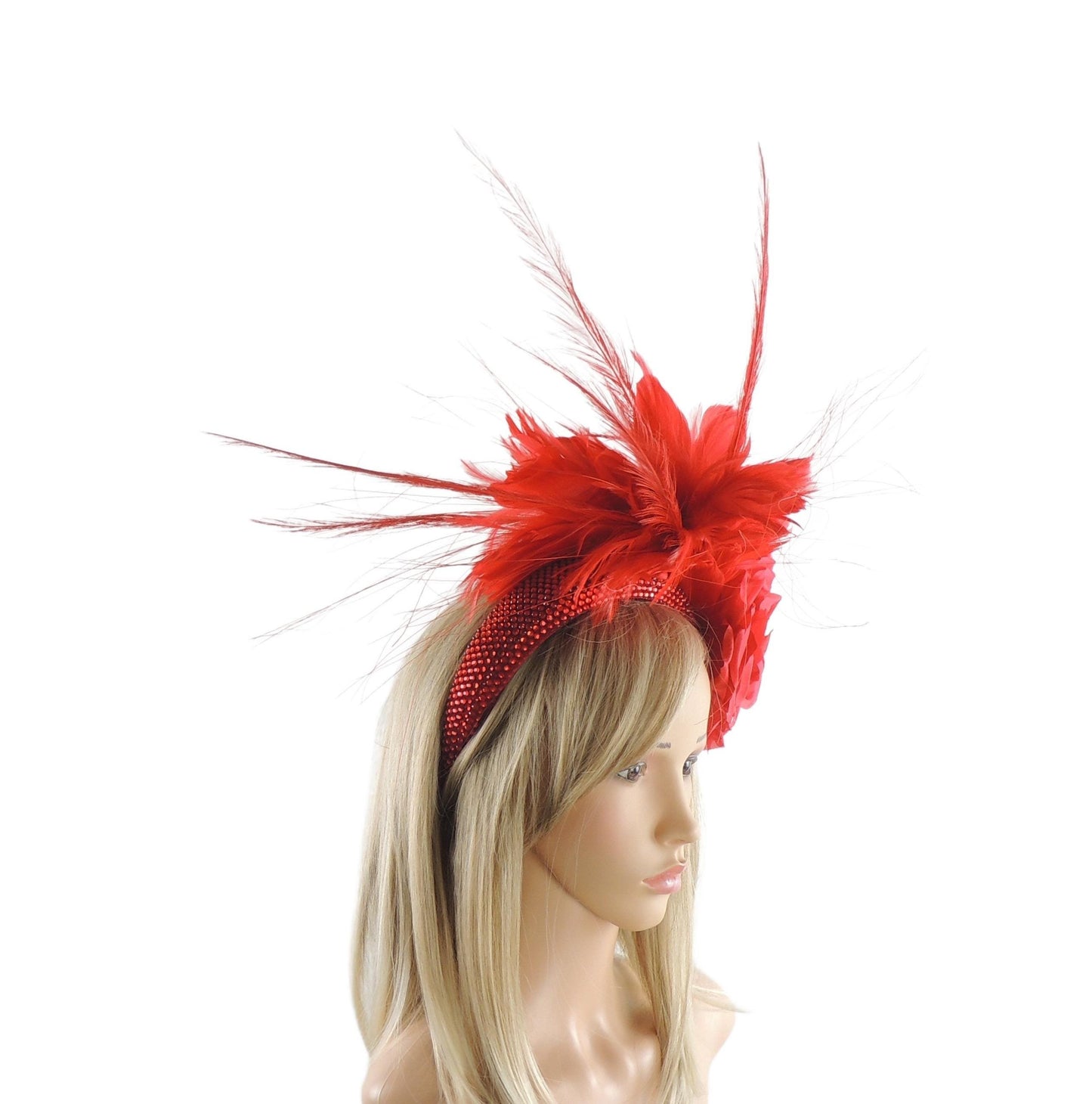 Red Feather Fascinator Crystal Headband Hat Headpiece Kentucky Derby Ascot Wedding Race Days Ladies Special Occasion Tea Party Luncheon