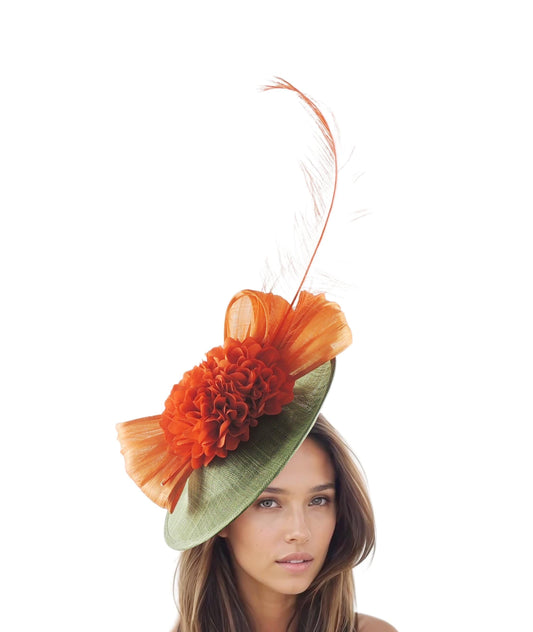 Olive Green Orange Saucer Disc Kentucky Derby Fascinator Hat Ascot Wedding Hatinator Cocktail Formal Womens Races Tea Party Hats Custom Fun