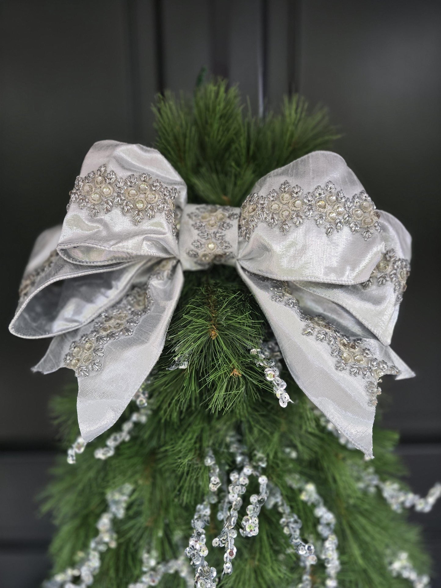 Large Luxury Christmas Tree Shaped Wreath Front Door Home Decorations Silver Green Xmas Winter Mantle Decor Porch Holiday Swag Designer Glam