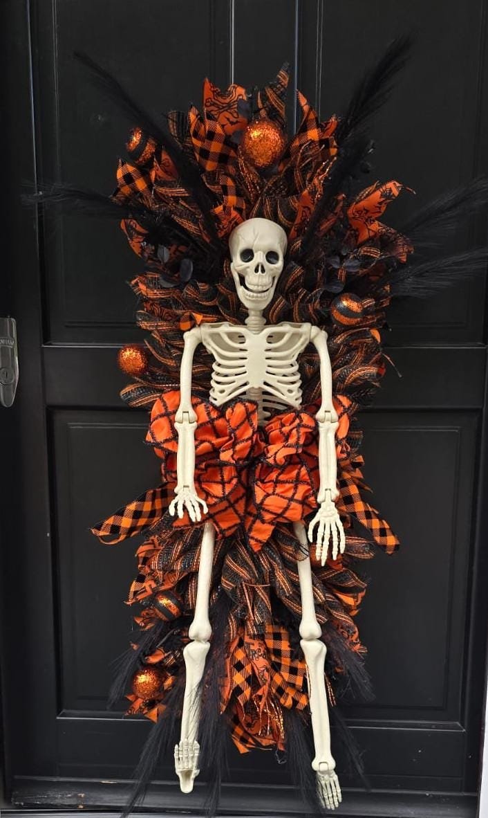 XXL Skeleton Orange Halloween Front Door Wreath Gothic Hanger Wall Porch Hanger Handmade House Home Decor Decorations Whimsical Skelly Glam