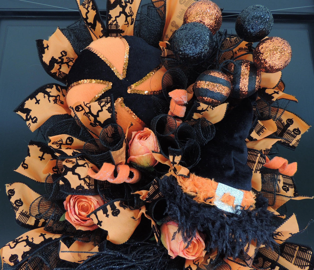 Large Square Halloween Wreath – Black & Orange Witch and Pumpkin Front Door Decor