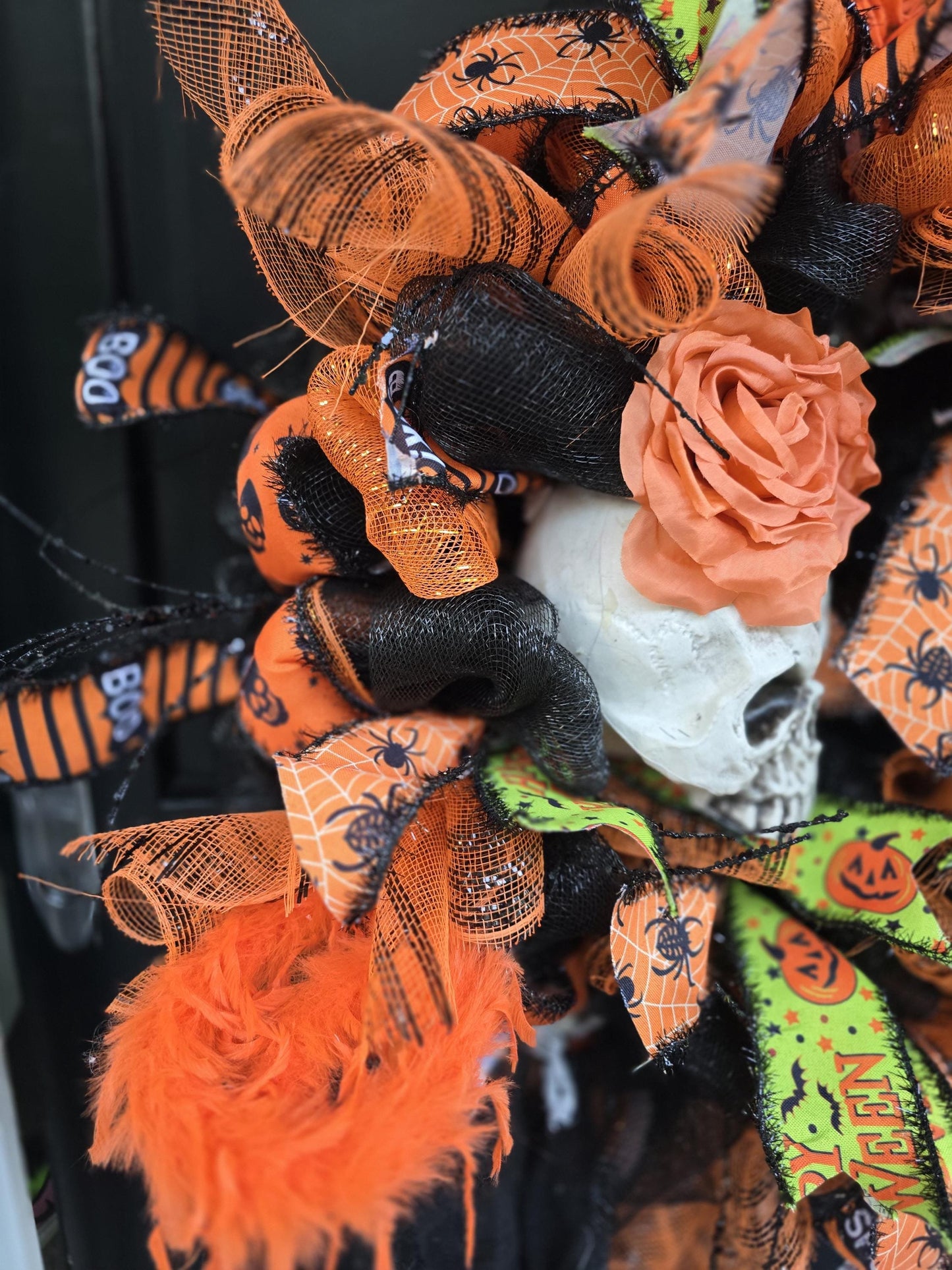 Large Halloween Front Door Wreath Spooky Hanger Black Orange Ghost Skeleton Wall Porch Hanger Handmade House Home Decor Decorations Welcome
