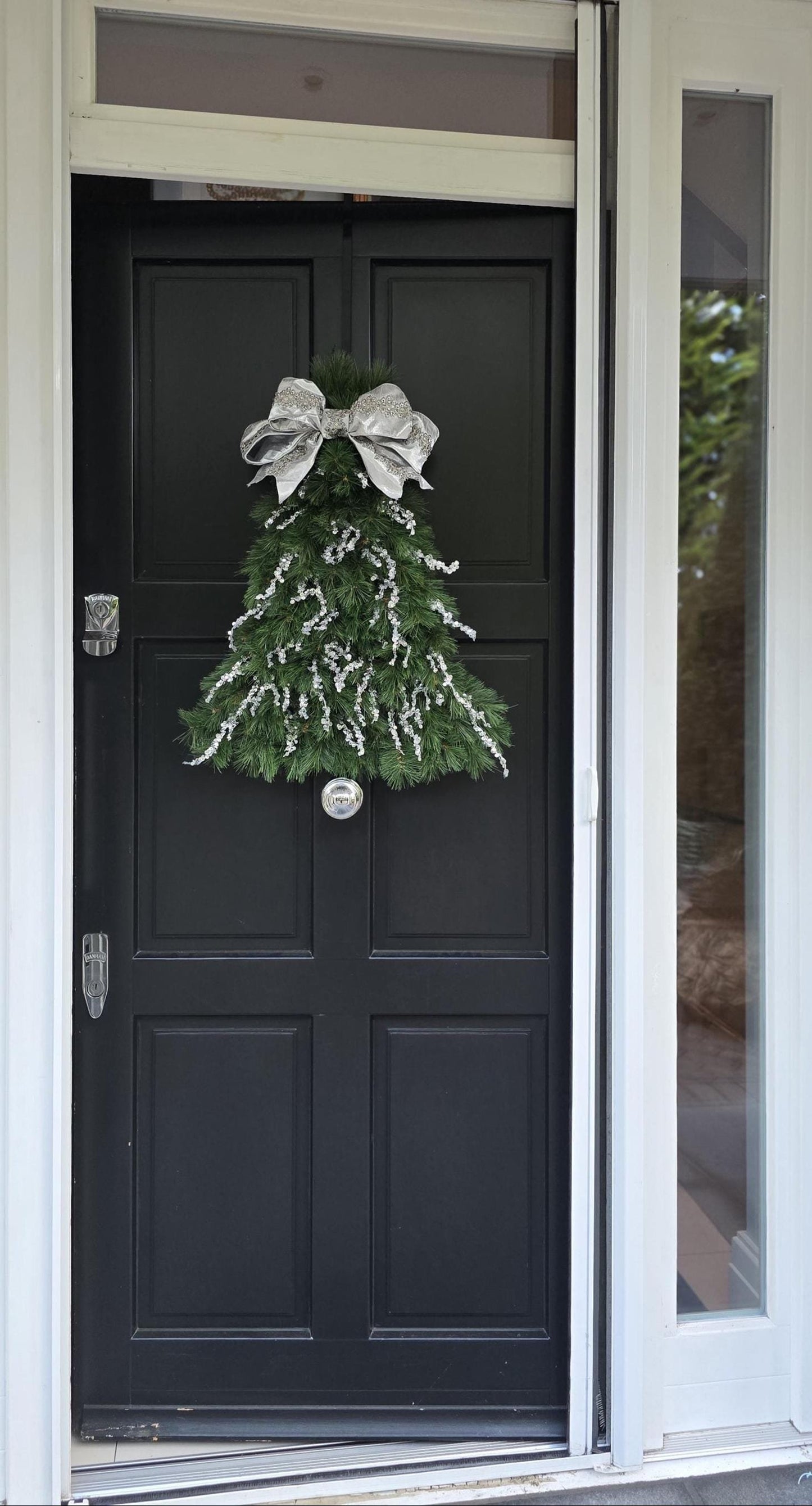 Large Luxury Christmas Tree Shaped Wreath Front Door Home Decorations Silver Green Xmas Winter Mantle Decor Porch Holiday Swag Designer Glam