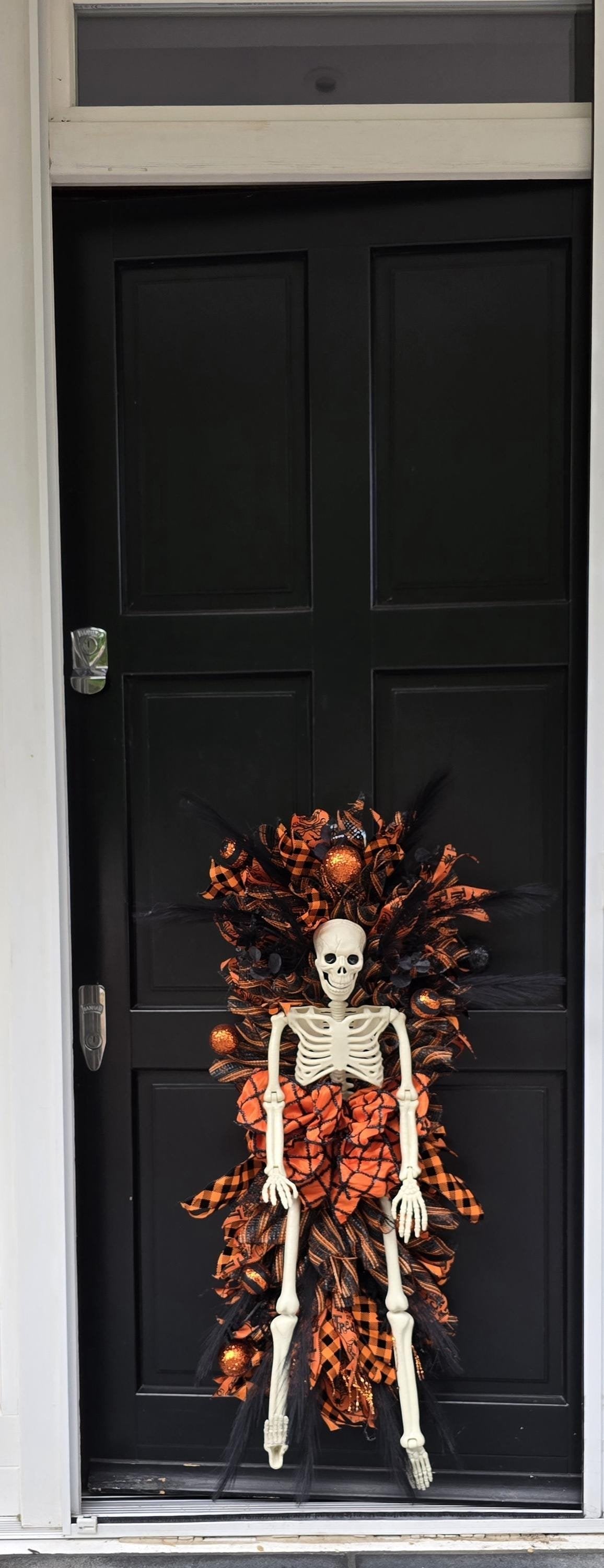 XXL Skeleton Orange Halloween Front Door Wreath Gothic Hanger Wall Porch Hanger Handmade House Home Decor Decorations Whimsical Skelly Glam