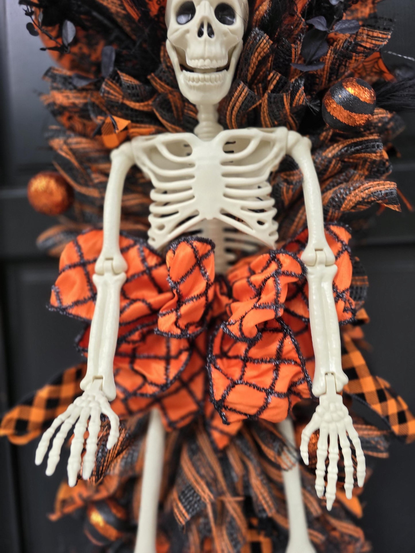 XXL Skeleton Orange Halloween Front Door Wreath Gothic Hanger Wall Porch Hanger Handmade House Home Decor Decorations Whimsical Skelly Glam