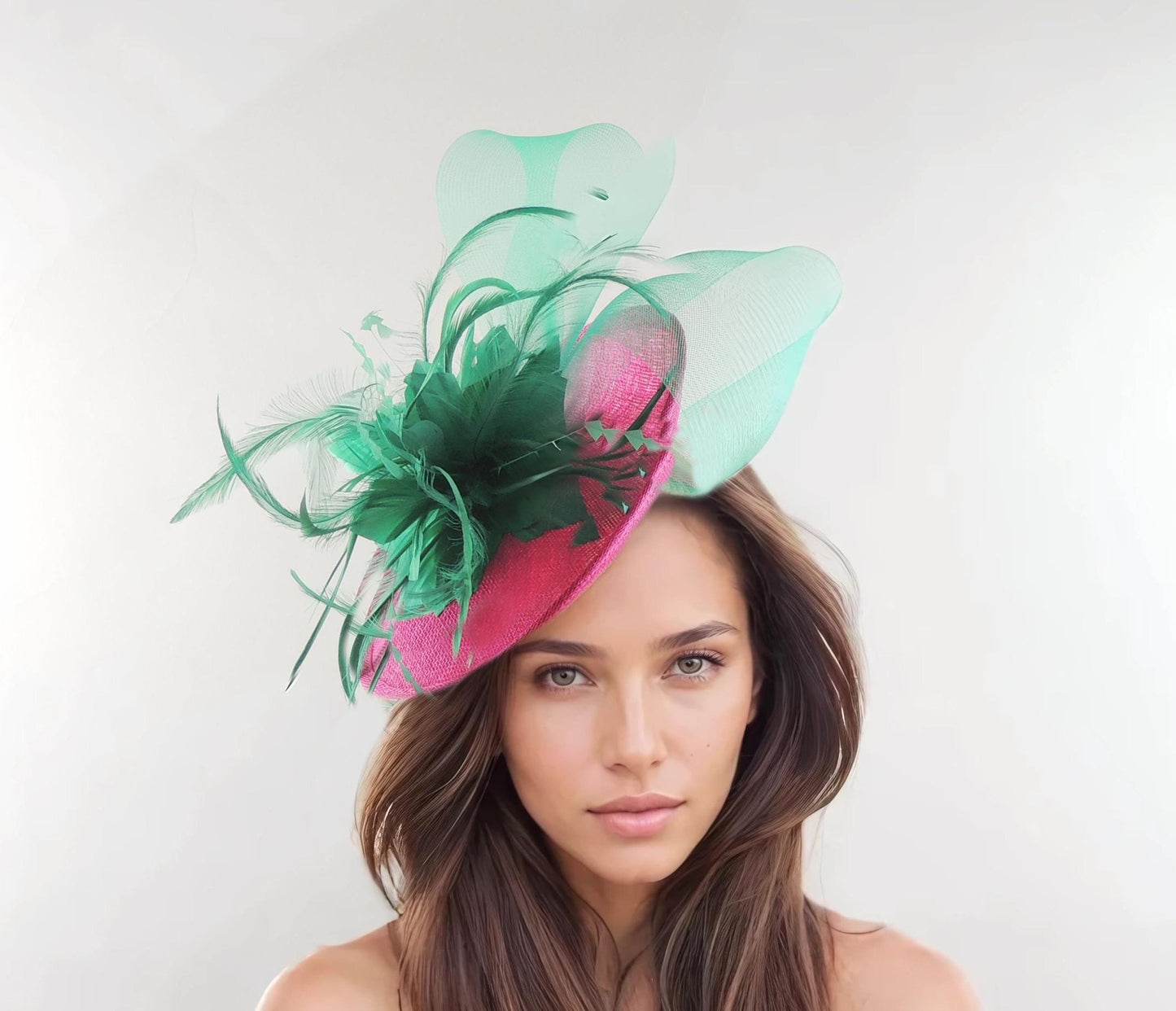Kentucky Derby Fascinator Hat Fuchsia Emerald Kelly Green Flower Feather Ascot Wedding Cocktail Tea Party Races Ladies Day Woman Headwear