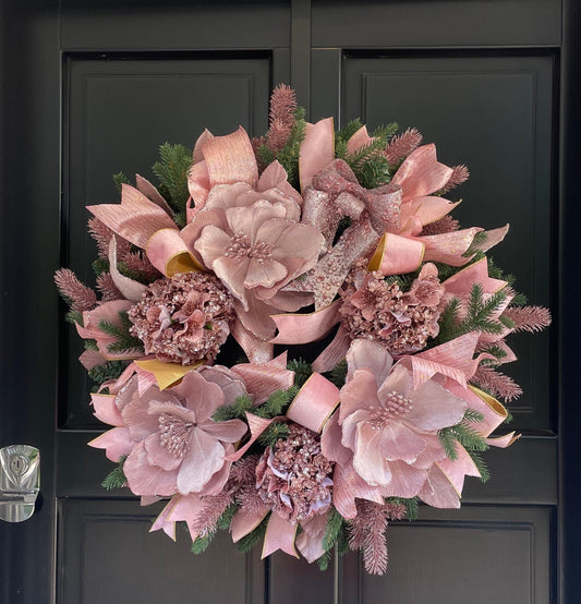 Elegant Pink XL Christmas Front Door Wreath Elegant Porch Holiday House Home Decor Decoration Boho Glam Winter Swag Designer Unique