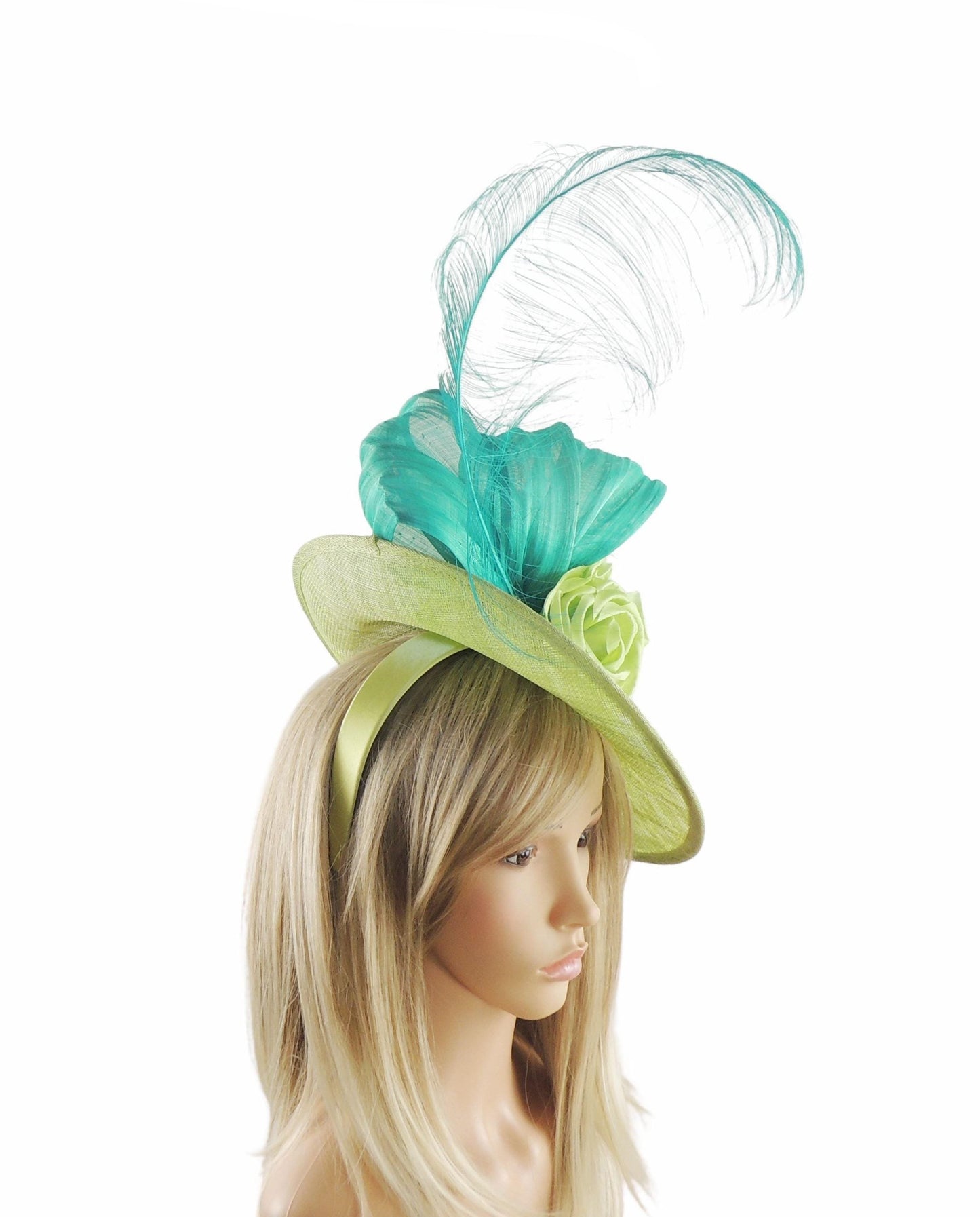Lime Jade Apple Green Ascot Fascinator Headband Womens Kentucky Derby Hats Feather Headpiece Ladies Day Headwear Wedding Church Feather Race