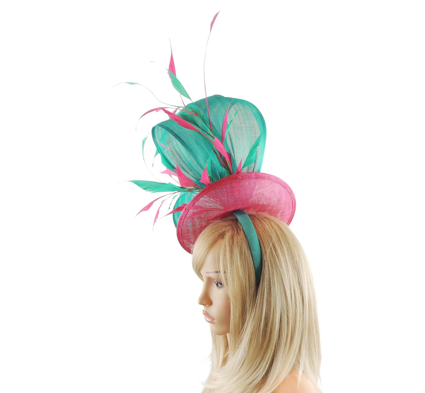 Fuchsia Hot Pink Emerald Jade Green Large Kentucky Derby Hat Statement Fascinator KY Woman Feather Tea Party Wedding Headband Cocktail Hat